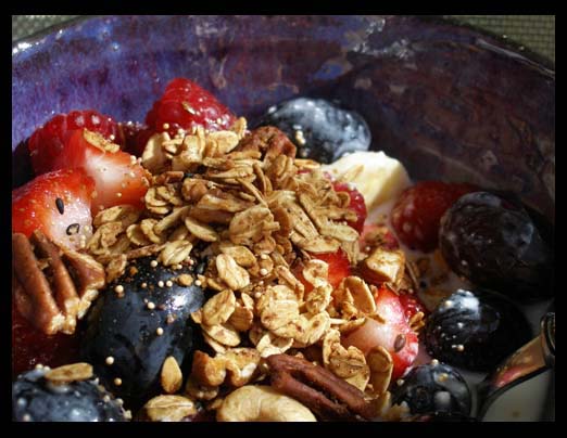 Closeup of fruit, granola, and yogurt